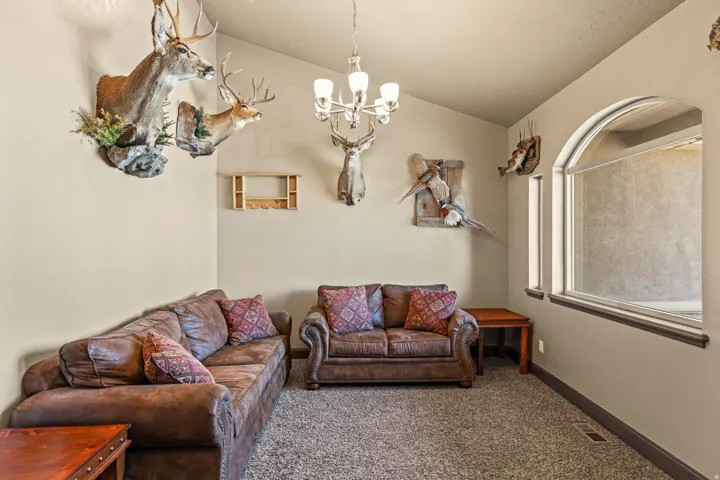 Carpeted living area with lofted ceiling and hanging lights