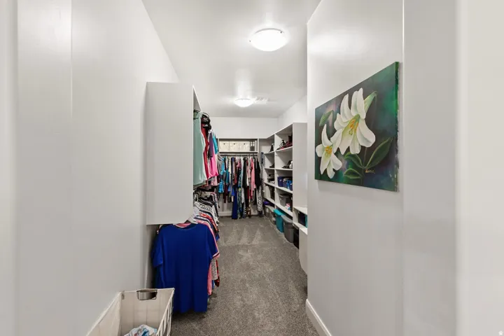 Walk in closet featuring dark carpet