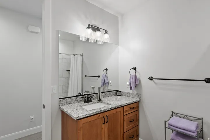 Full bathroom featuring vanity and a shower with shower curtain