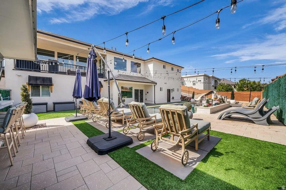 Fenced backyard with a patio and a pool