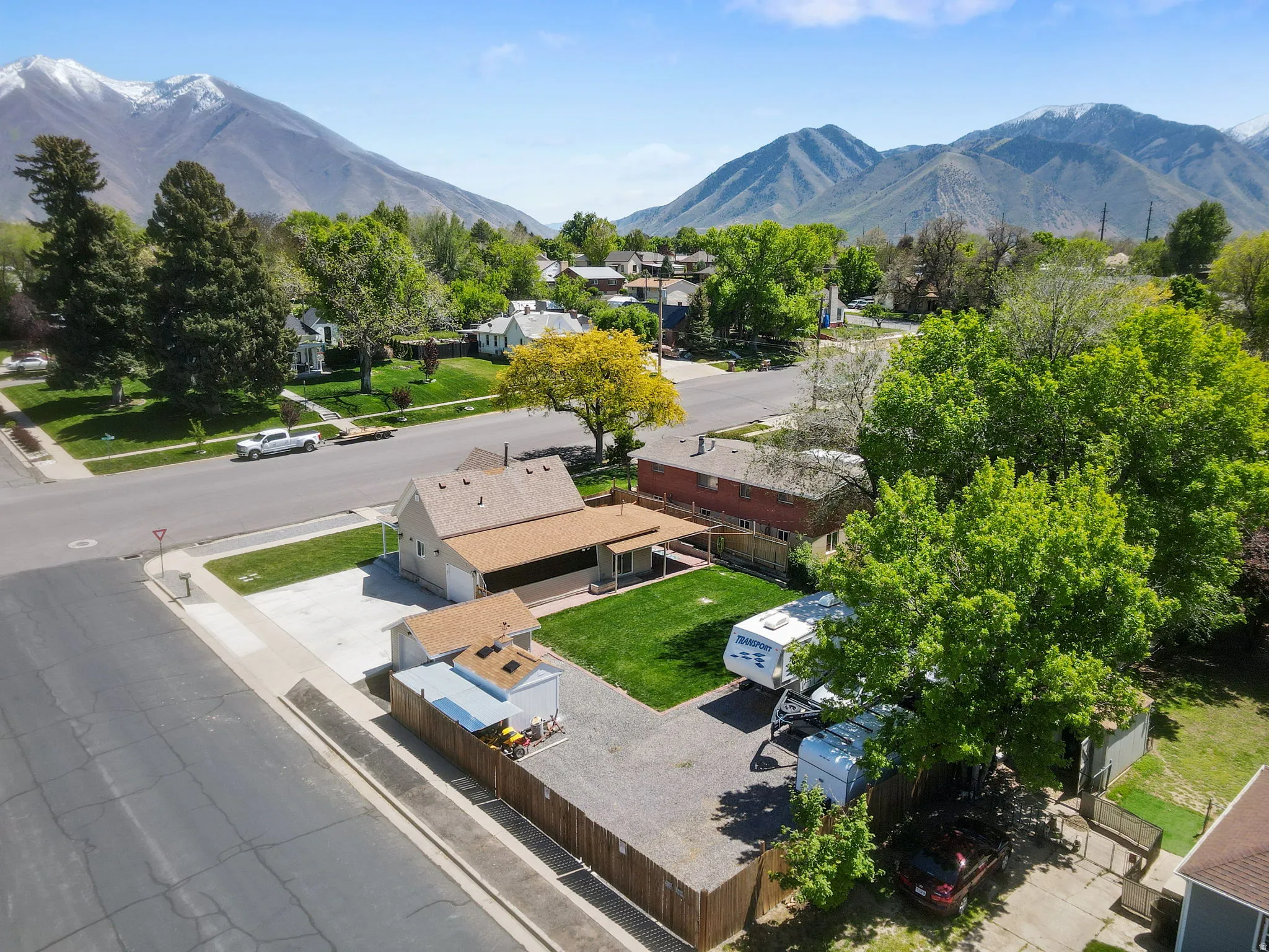 Aerial perspective of suburban area featuring mountains