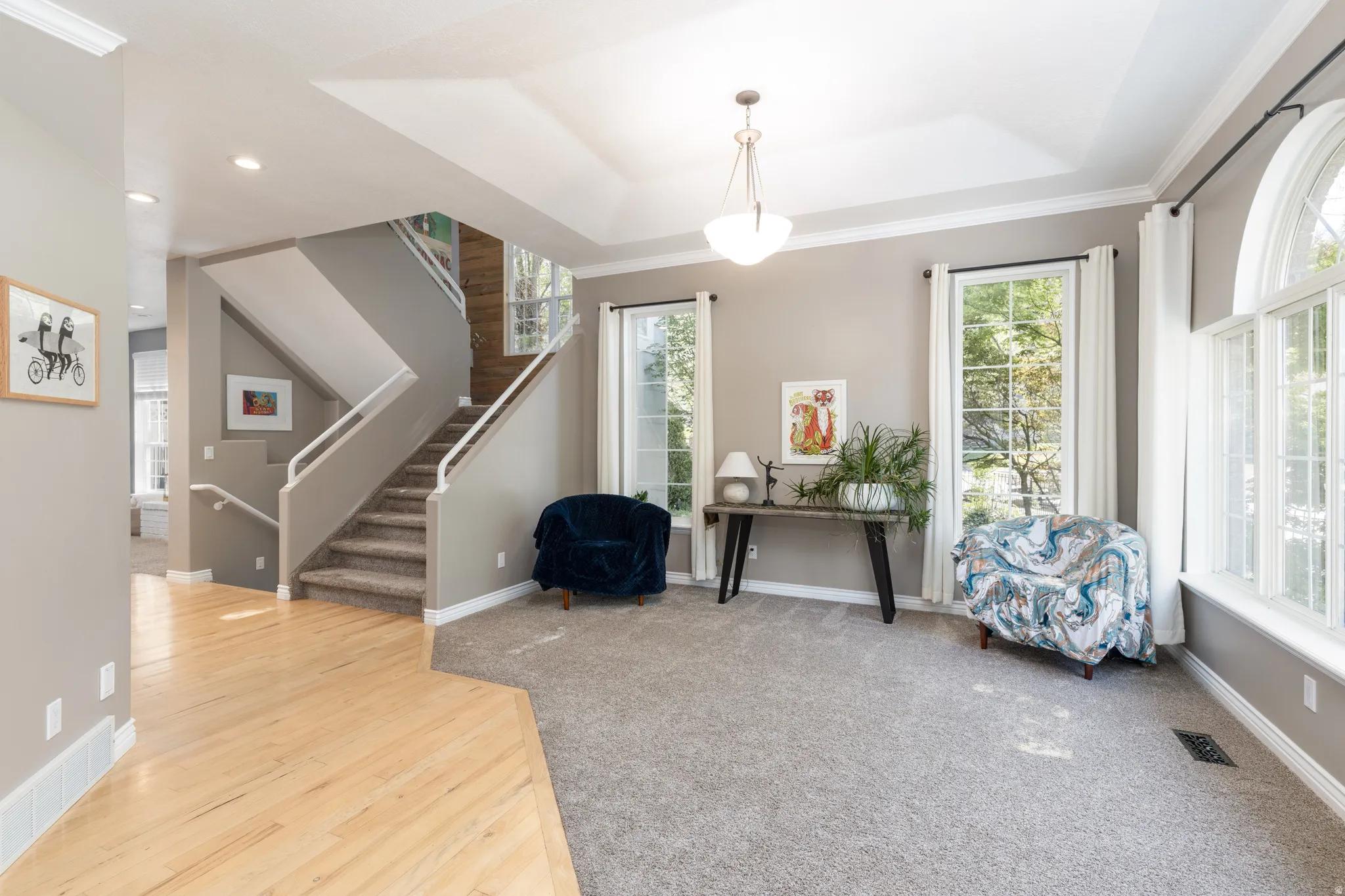 Living area featuring a raised ceiling, recessed lighting, light wood-style flooring, and light colored carpet