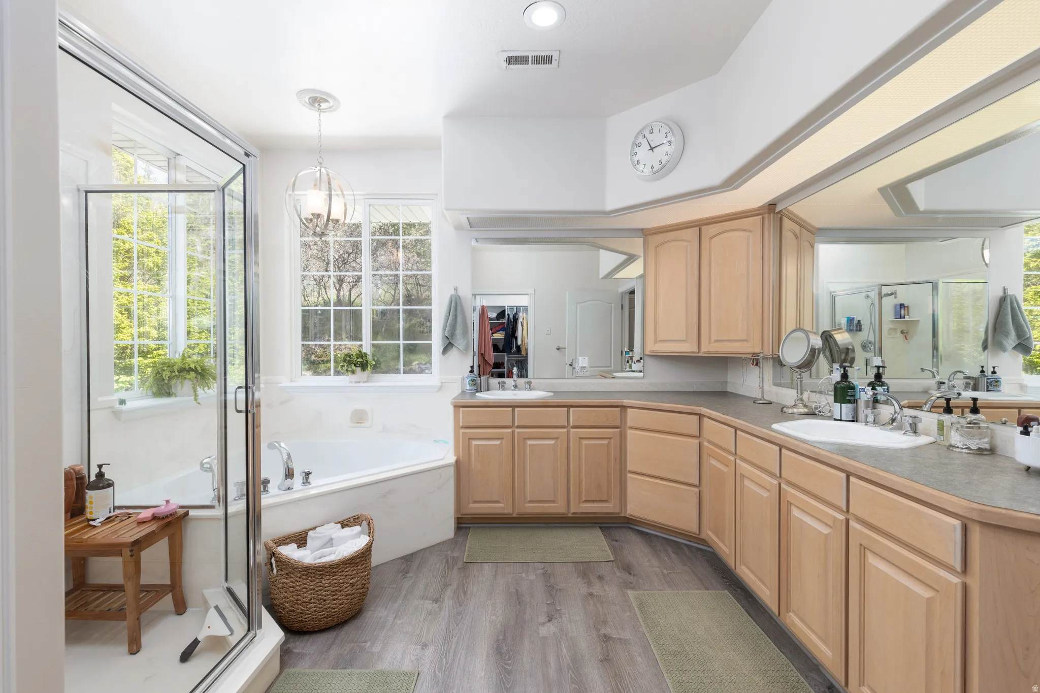 Master bathroom with a garden tub, double vanity, a shower stall, light wood-style floors, and healthy amount of natural light