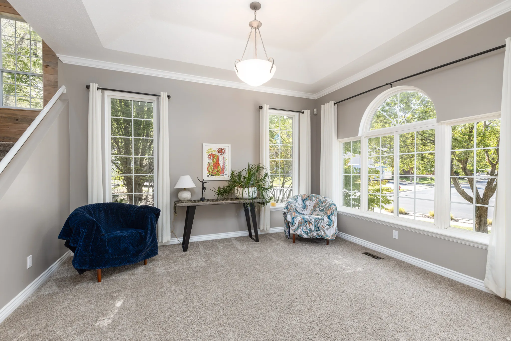 Living area featuring a tray ceiling, light colored carpet, and ornamental molding