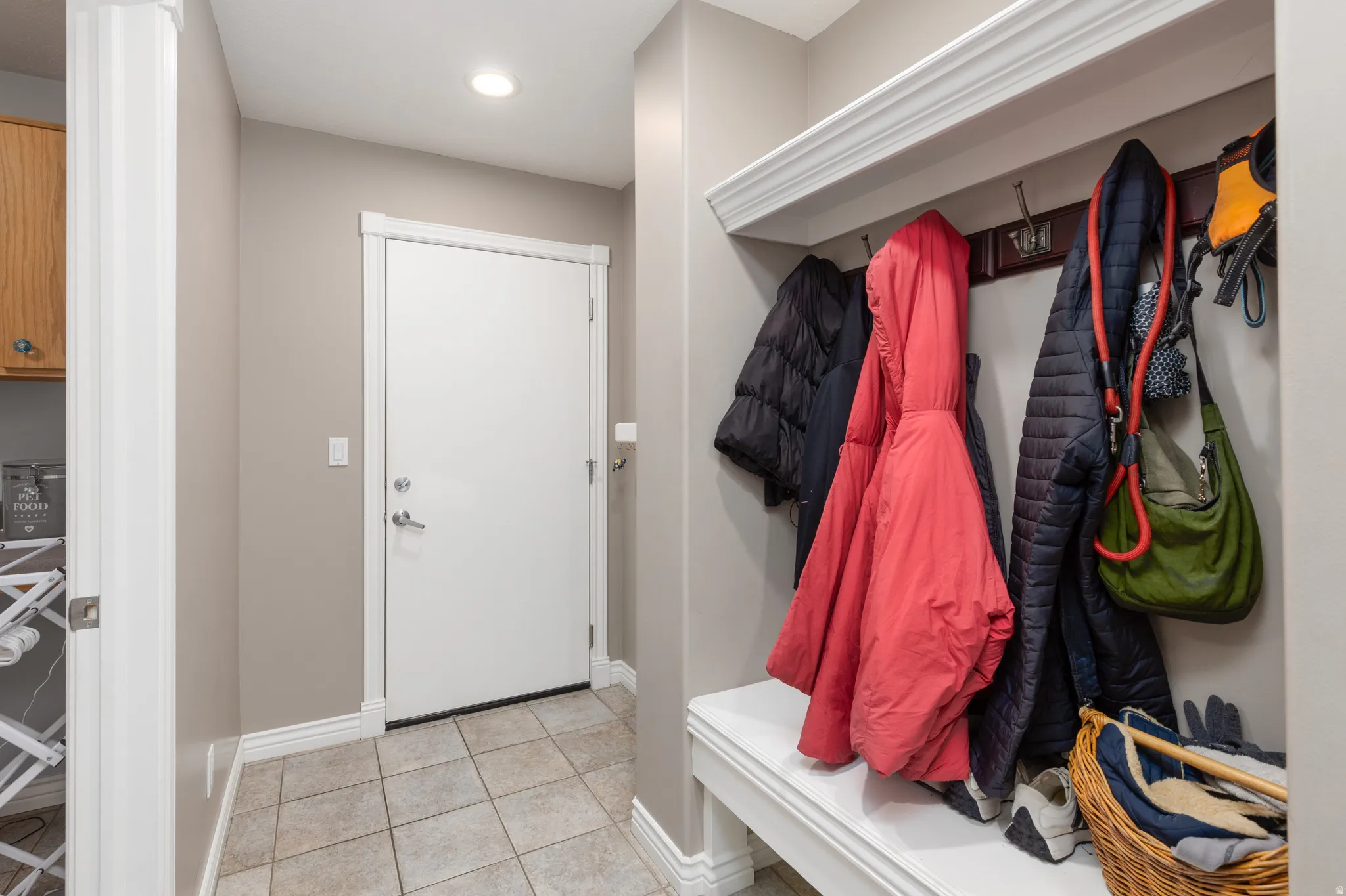 Mudroom featuring light tile patterned floors and recessed lighting