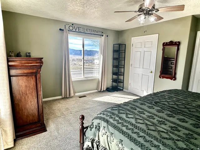 Carpeted room featuring a large window with distant mountain scenery, a ceiling fan with light fixture, and a paneled door