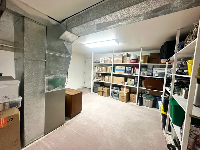 Finished basement space featuring extensive built-in shelving, durable carpet flooring, and exposed galvanized ductwork
