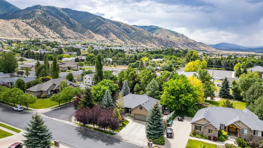 Aerial perspective highlighting a residential neighborhood with established homes, mature trees, and mountainous terrain in the background