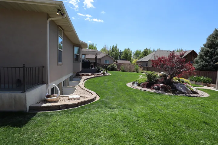 Expansive backyard featuring a lush green lawn, a decorative island garden bed with a mature red-leafed tree, and natural rock accents