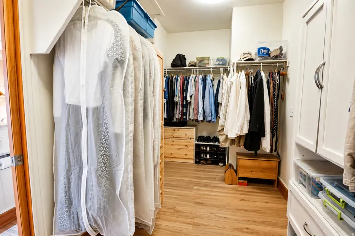 Walk-in closet featuring wood-finish flooring, built-in shelving, white cabinetry with silver-tone hardware, and a ceiling light fixture