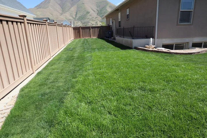 Expansive backyard featuring a lush lawn, privacy fencing, and a stucco exterior