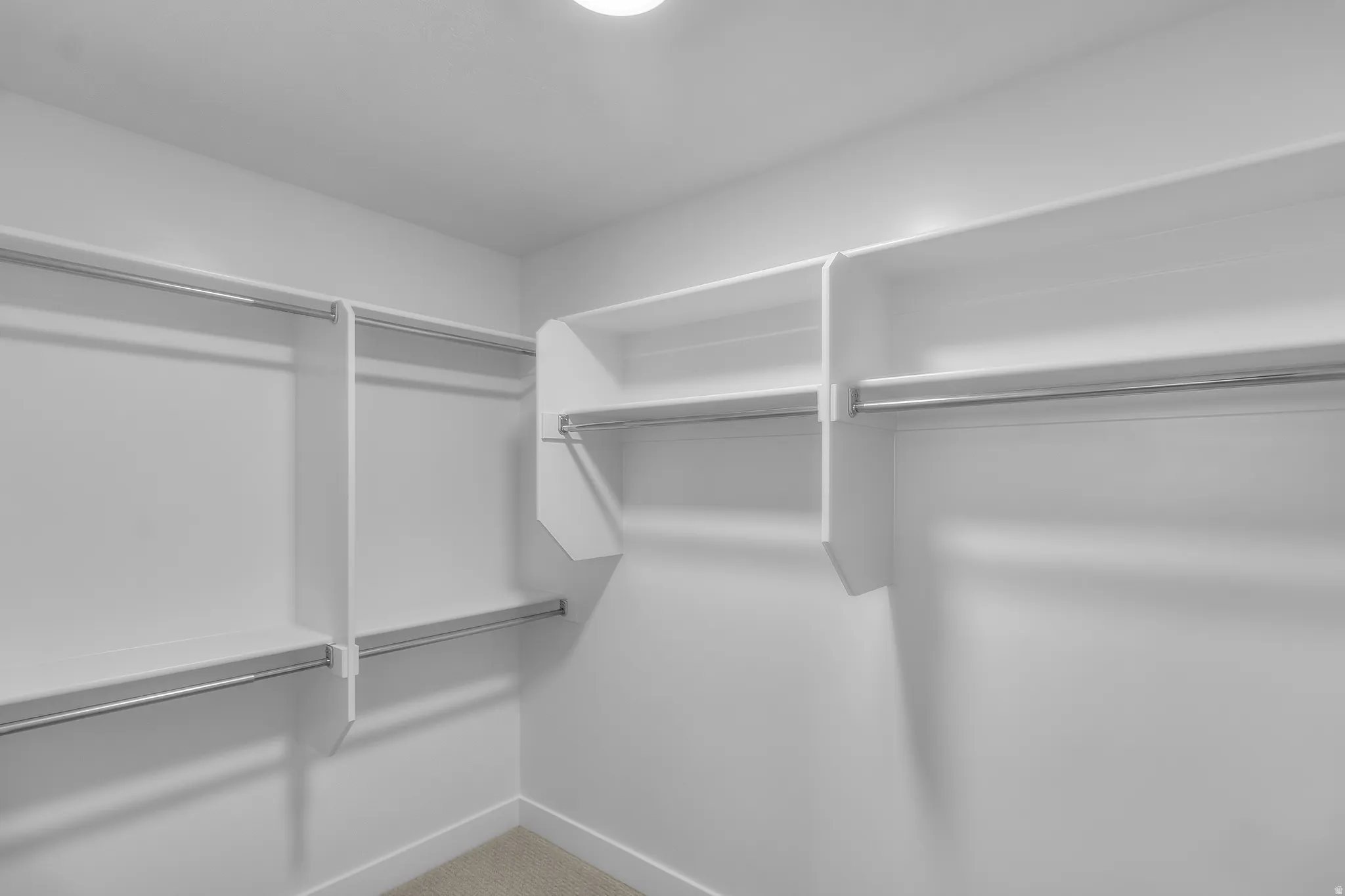 Walk in closet featuring light colored carpet