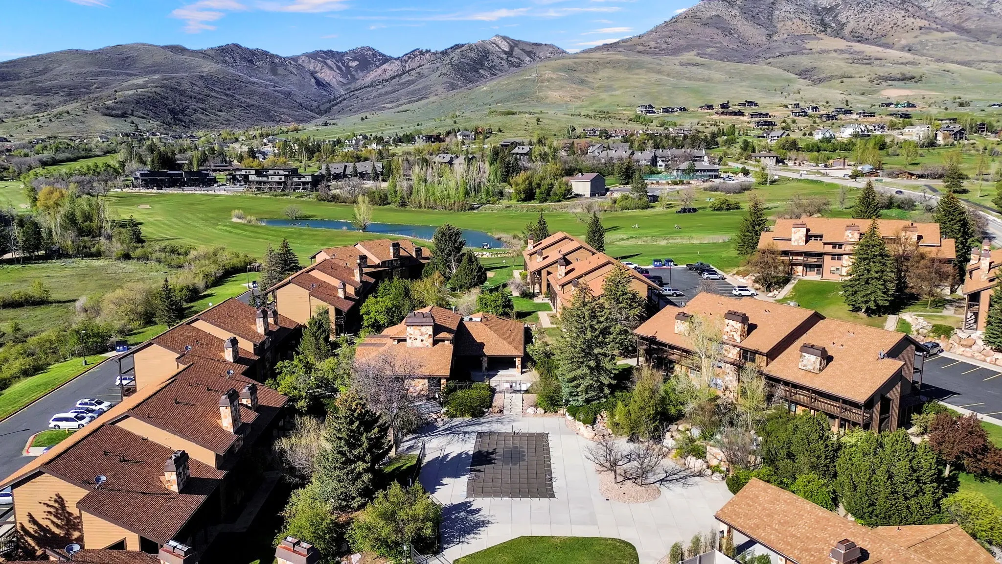 Aerial view of the community clubhouse and pool