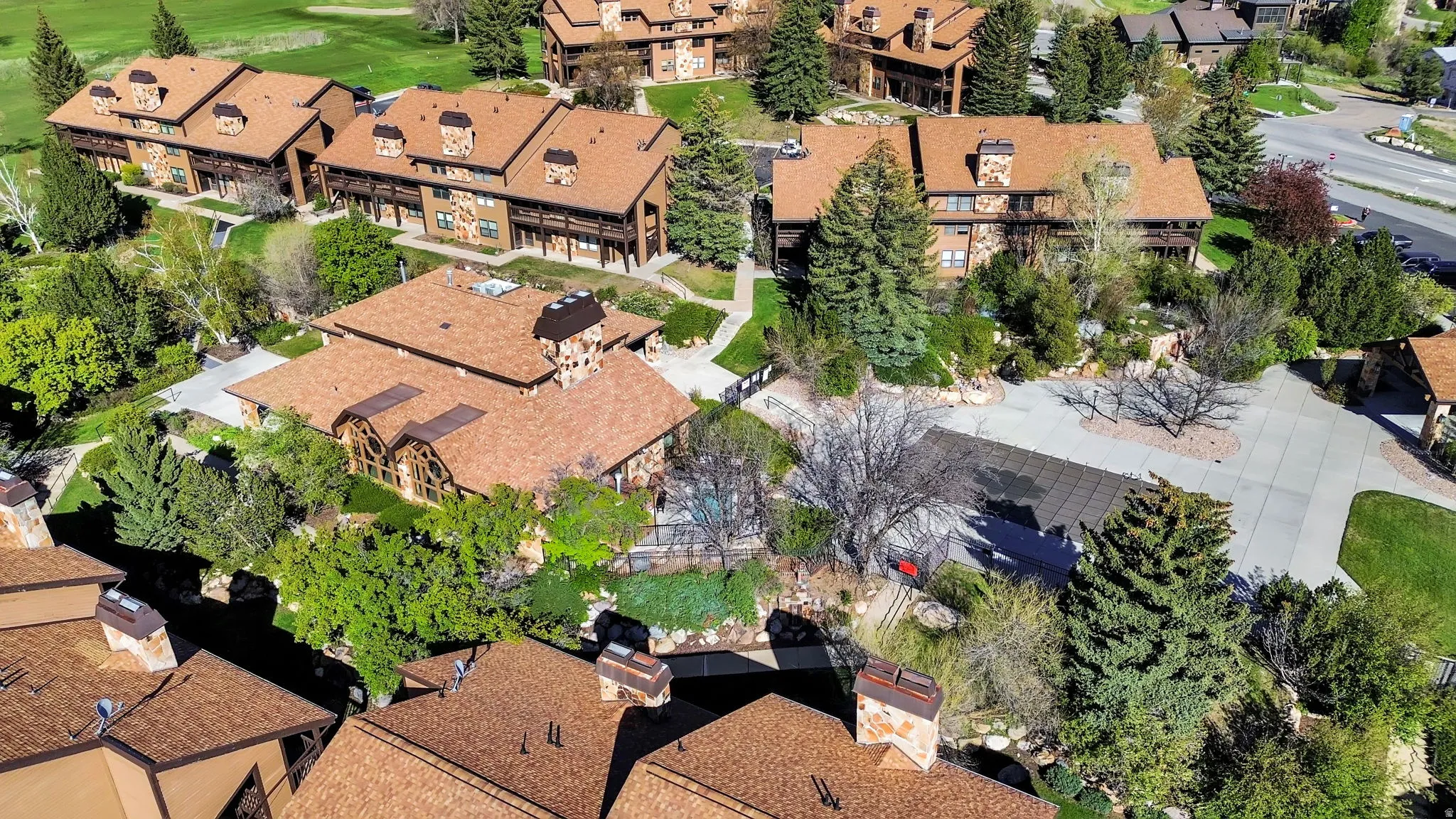 Aerial view of the community clubhouse and pool