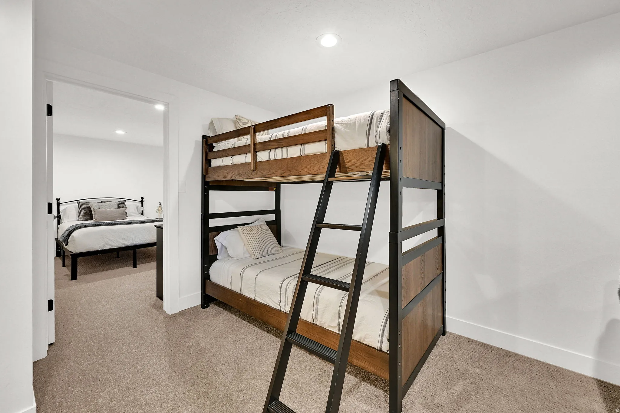 Downstairs living room with carpet, flexible occupancy space, full bathroom, nook for various functions.