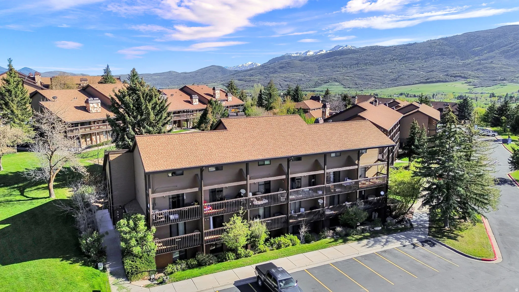 Aerial Deck view of building 4 and parking