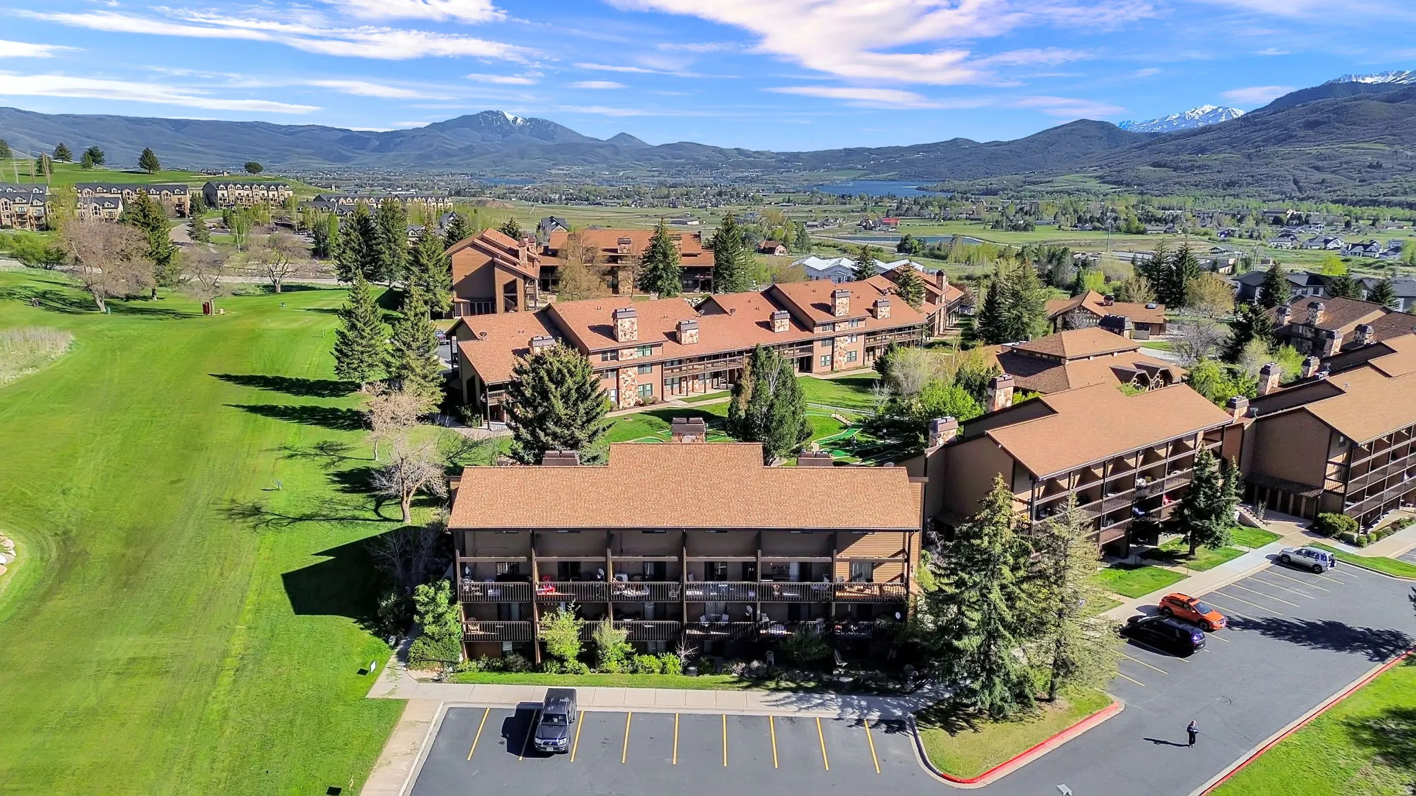 Aerial Deck view of building 4 and parking, off of the golf course