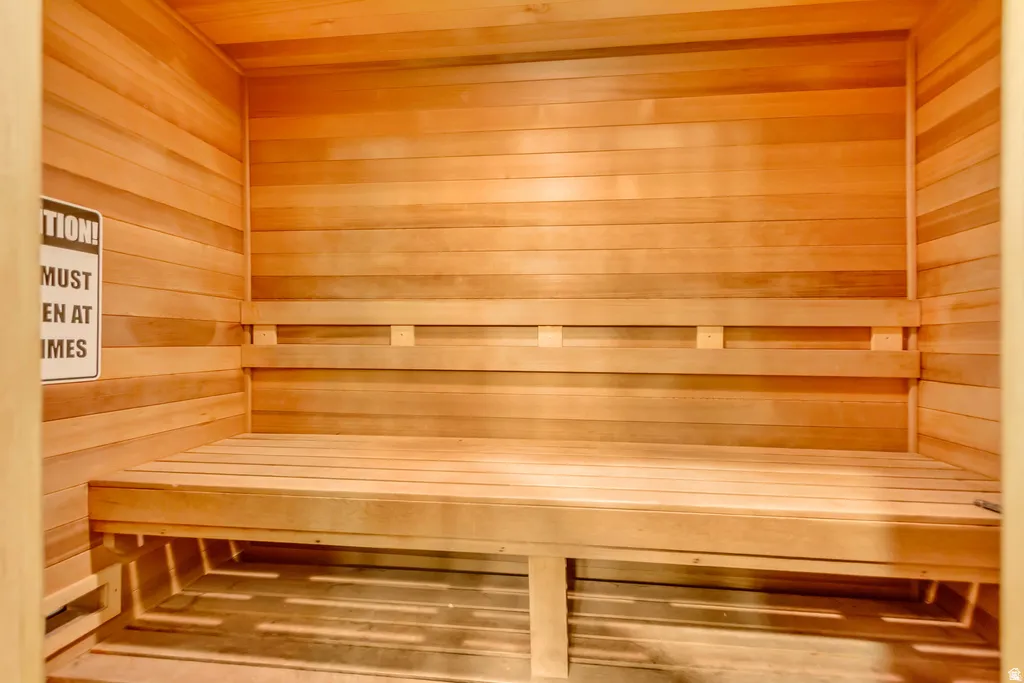 Relaxing sauna with wood walls and wood ceiling