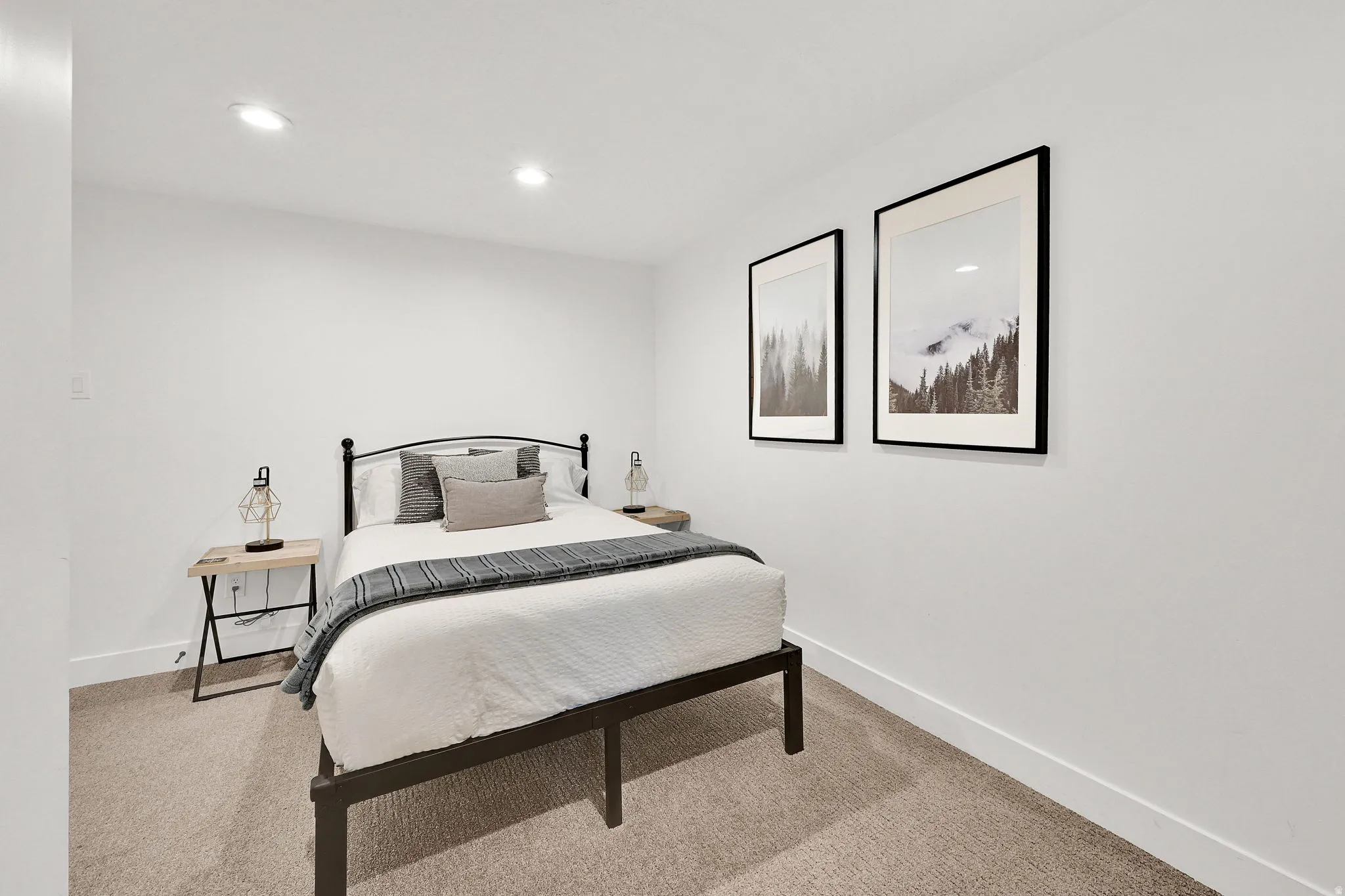 Bedroom #2 with carpet and modern finishes, the door is frosted glass.