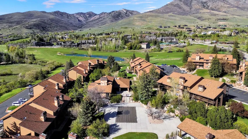 Aerial view of the community clubhouse and pool