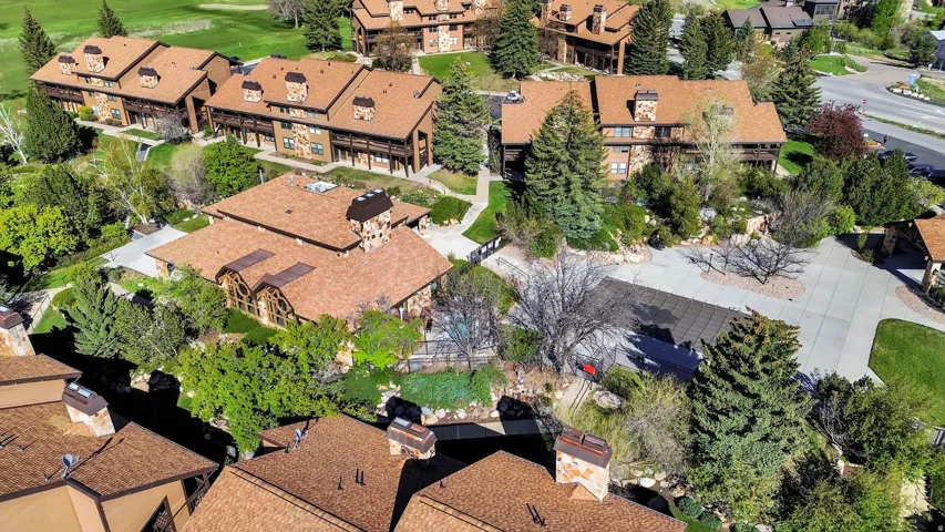 Aerial view of the community clubhouse and pool