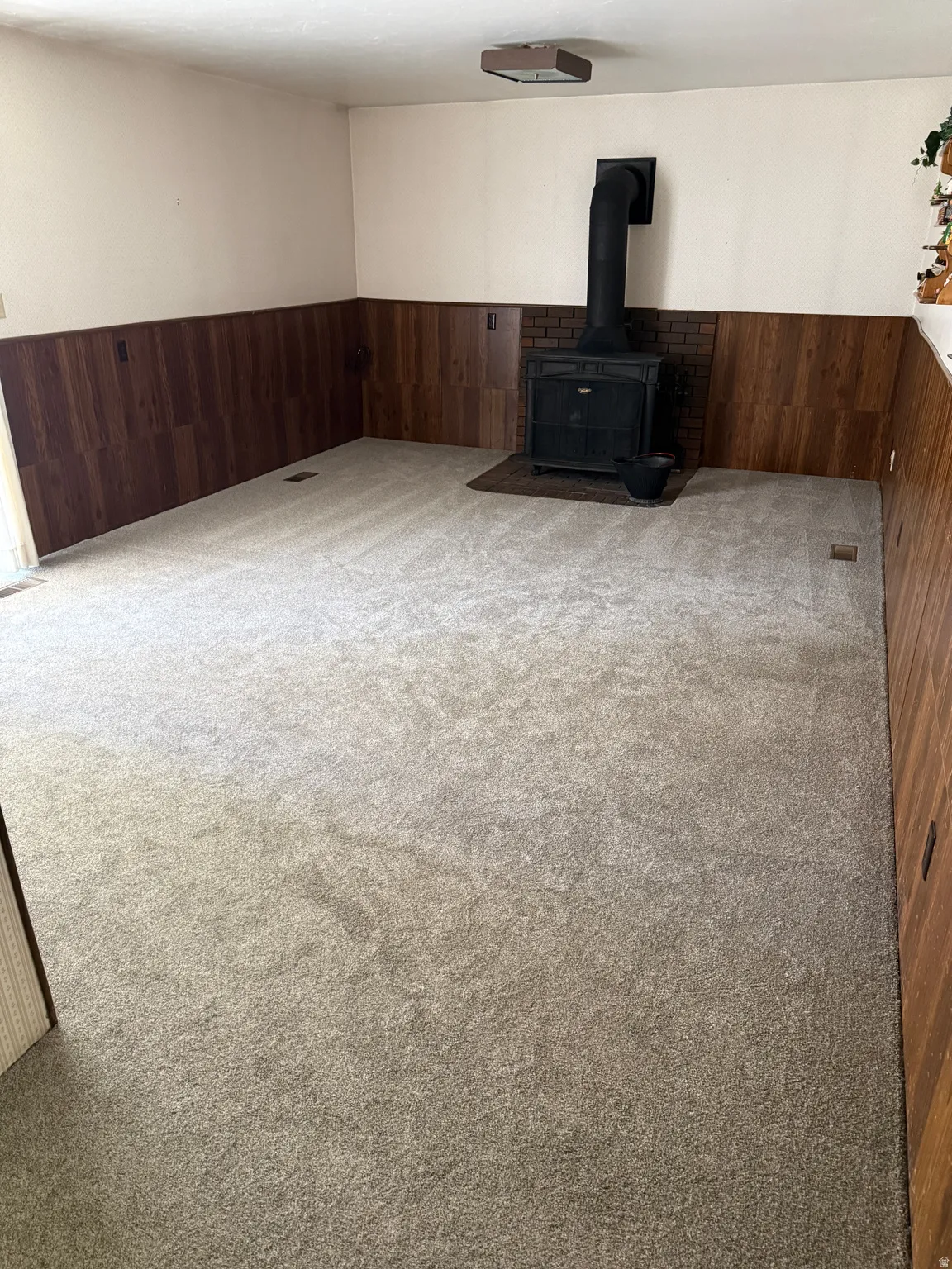 Unfurnished living room with wood walls, carpet, a wainscoted wall, and a wood stove