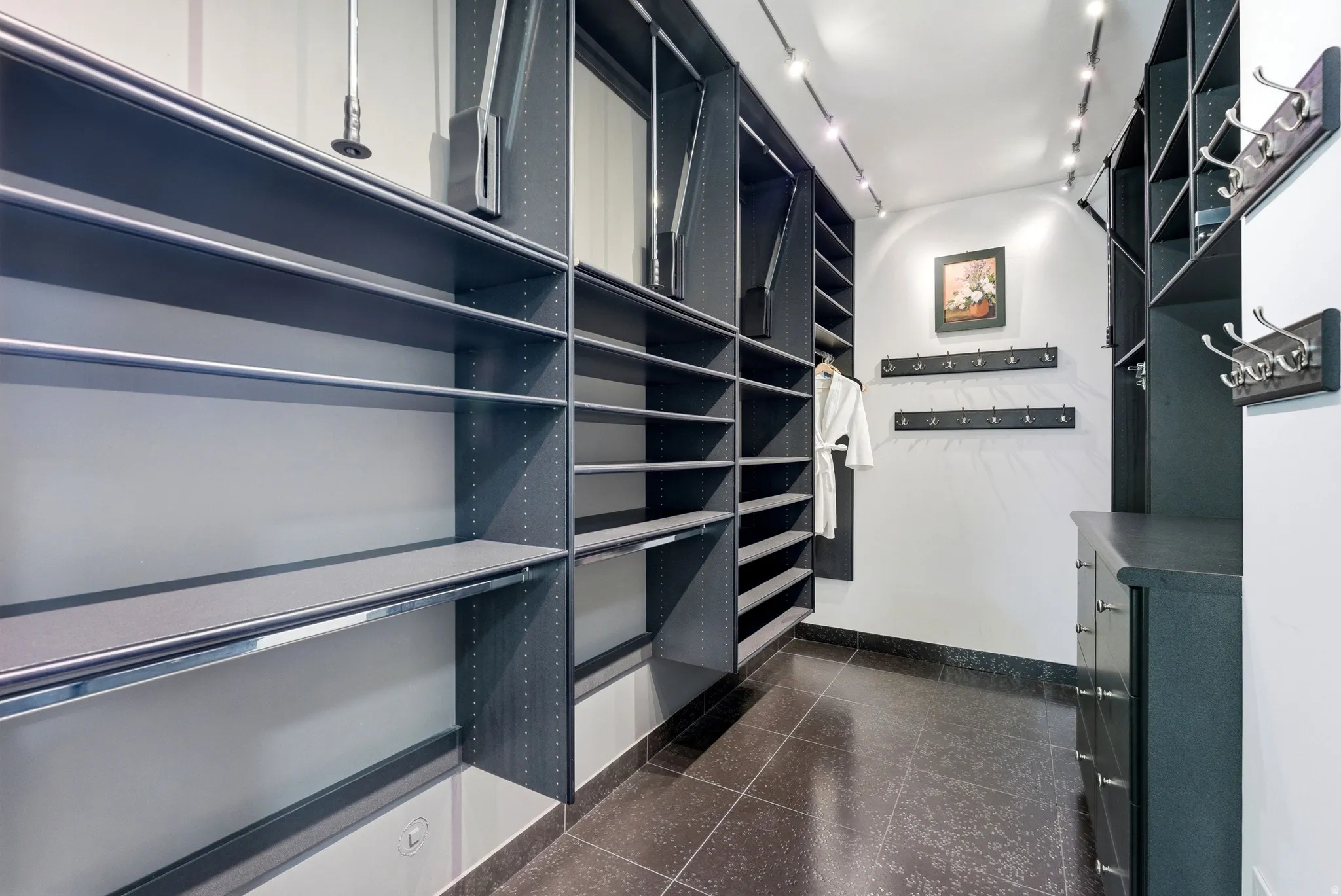 Custom dark cabinetry and shelving system