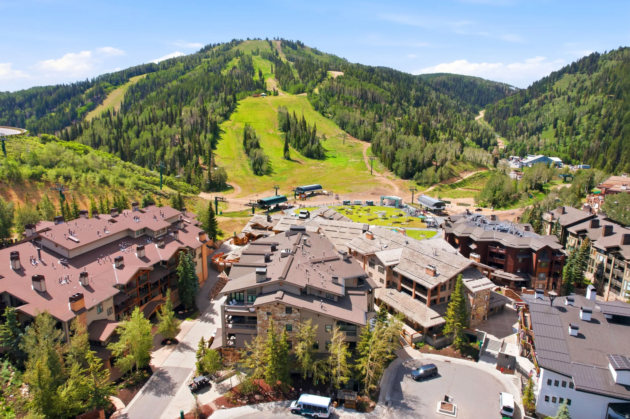Extensive mountainous terrain featuring verdant slopes and numerous trees