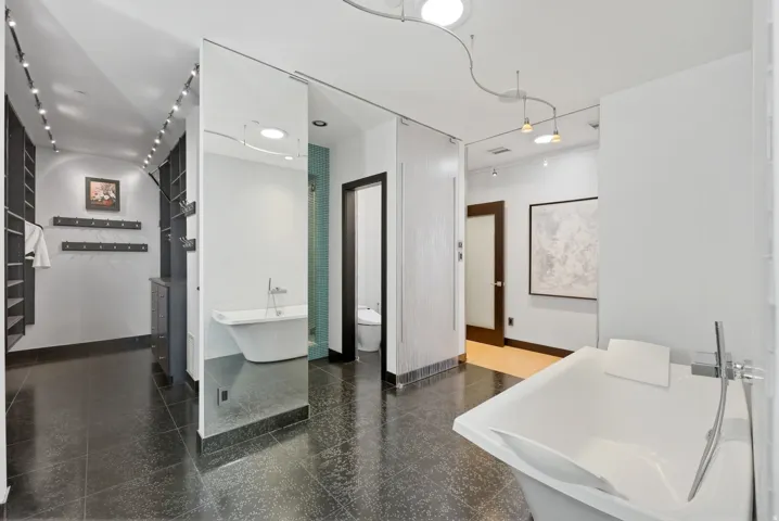 Contemporary bathroom featuring a freestanding soaking tub, dark large-format tile flooring, a walk-in shower with a tile surround, and an adjacent walk-in closet with built-in shelving