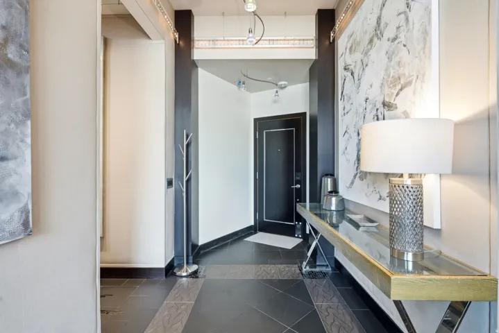 Entryway featuring dark tile flooring with patterned accents, contrasting white and dark accent walls, and a recessed ceiling with track lighting
