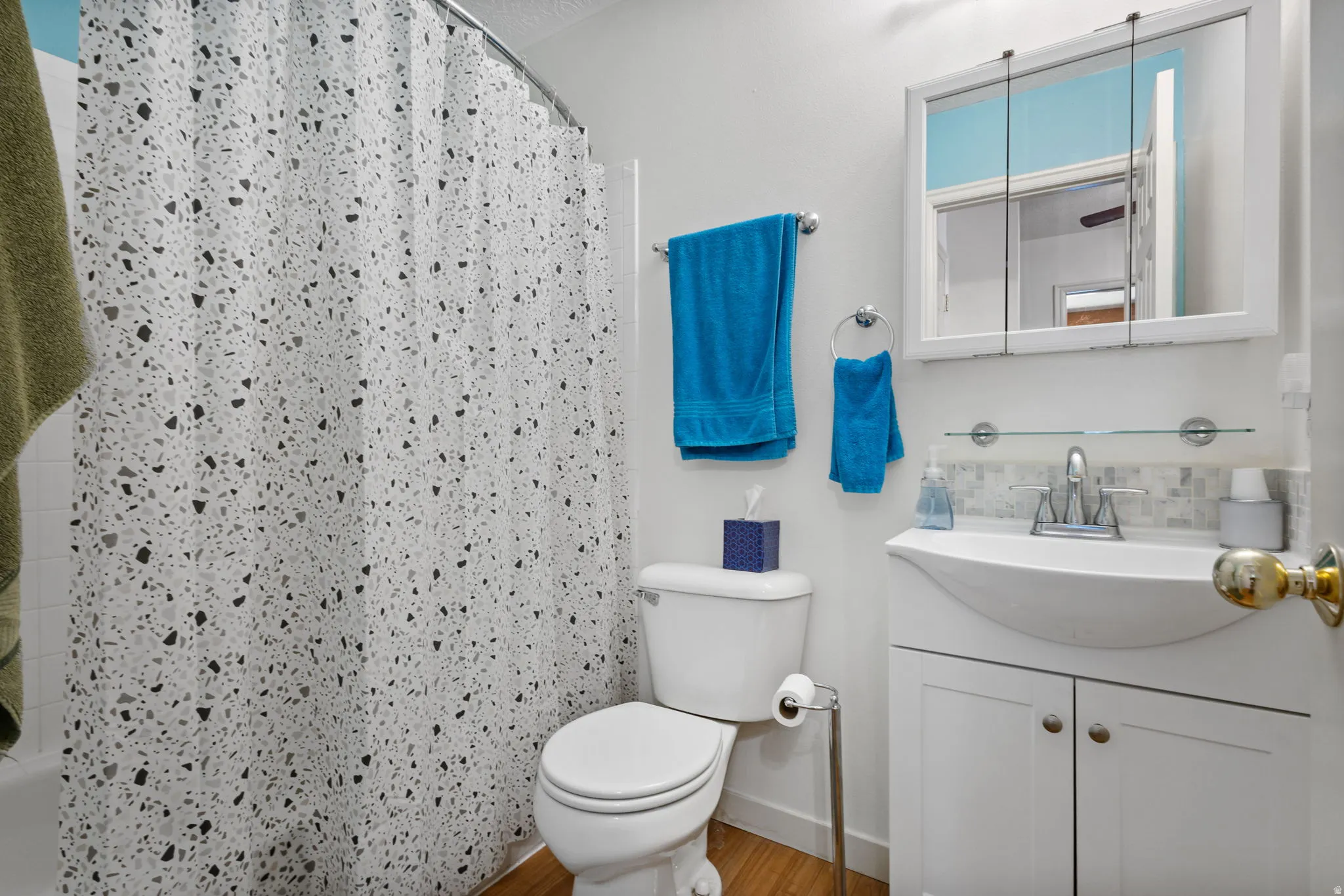 Full bathroom with vanity, light wood finished floors, and decorative backsplash