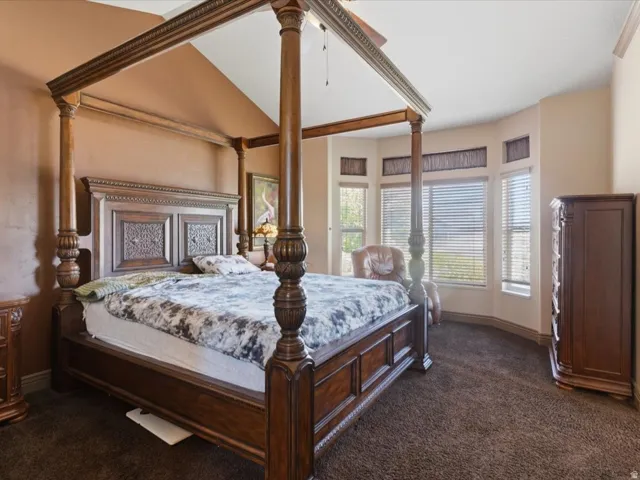 Spacious bedroom featuring brown wall tones and dark brown carpeting