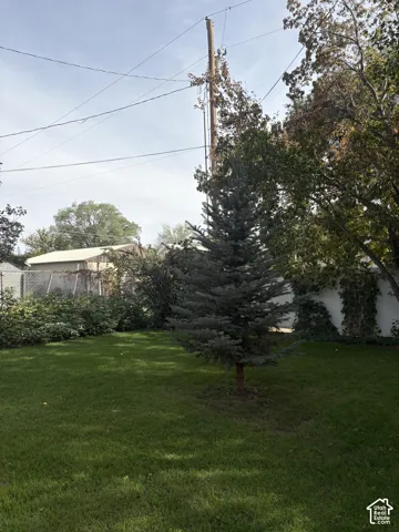 Manicured lawn with mature trees and established perimeter landscaping