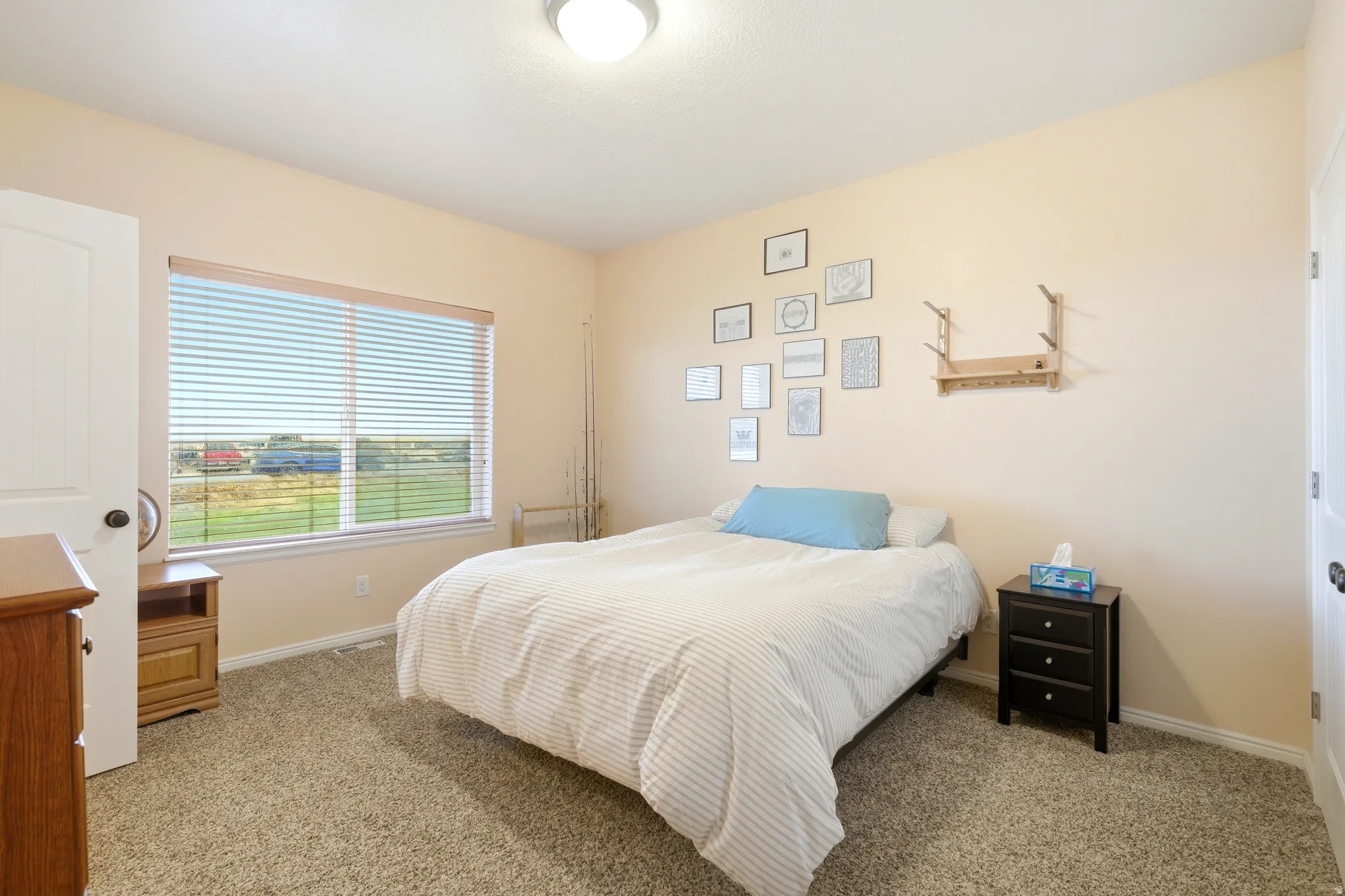Bedroom with light colored carpet