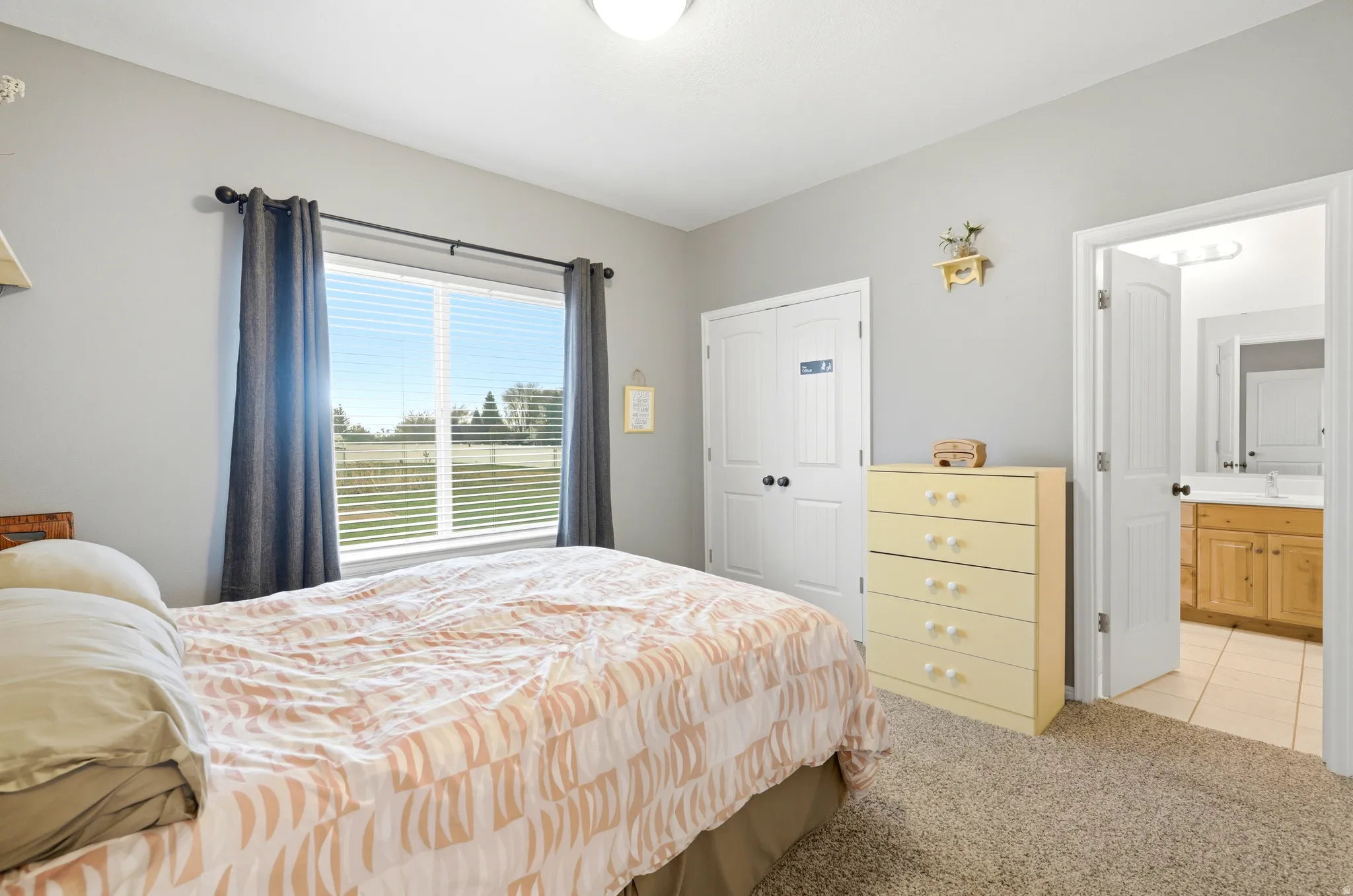 Bedroom with light colored carpet, a closet, and connected bathroom