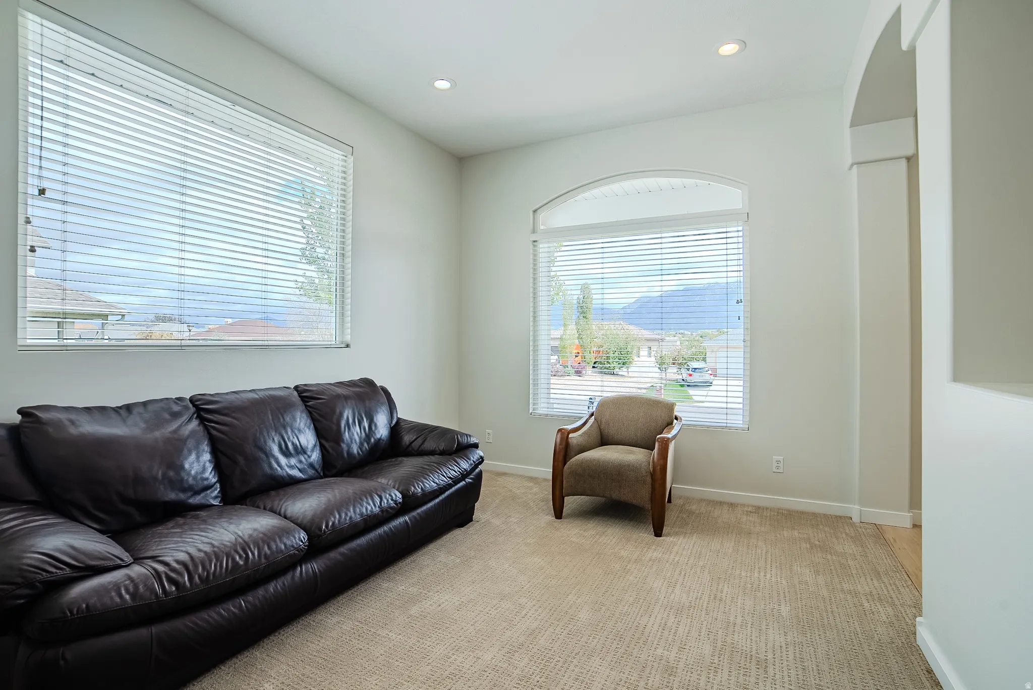 Living room with light carpet, healthy amount of natural light, and recessed lighting