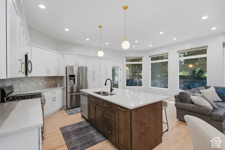 Contemporary kitchen featuring white cabinetry, stainless steel appliances, a center island with contrasting wood-finish cabinetry, and light wood-finish flooring
