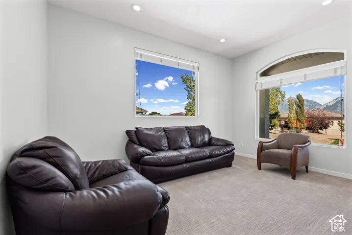 Recessed lighting, large arched window, additional window, neutral wall paint, and textured carpet