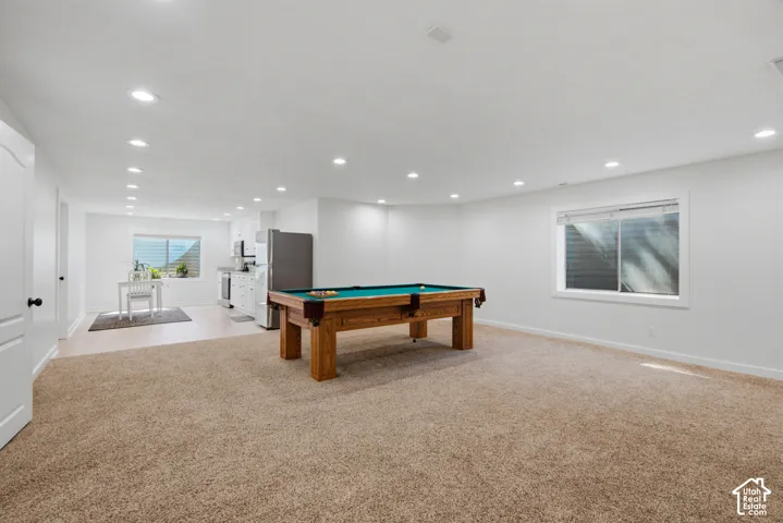 Recessed lighting, light-toned carpeting, wood-finish flooring, white cabinetry, and stainless-steel appliances