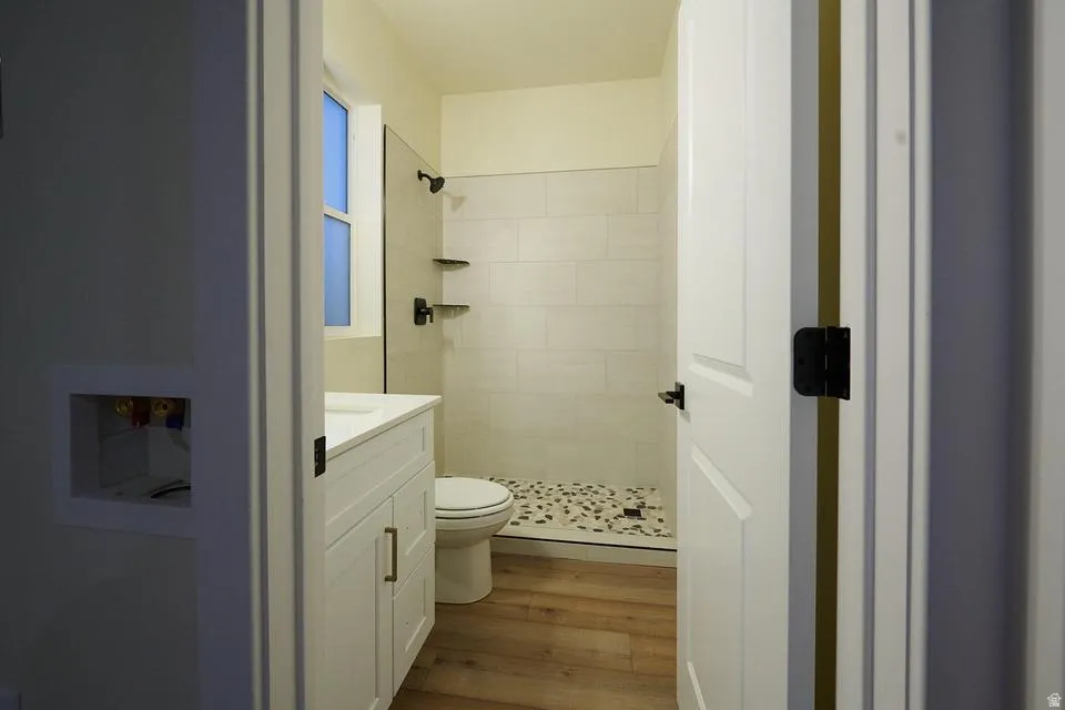 Bathroom with vanity, a shower stall, and light wood-style flooring
