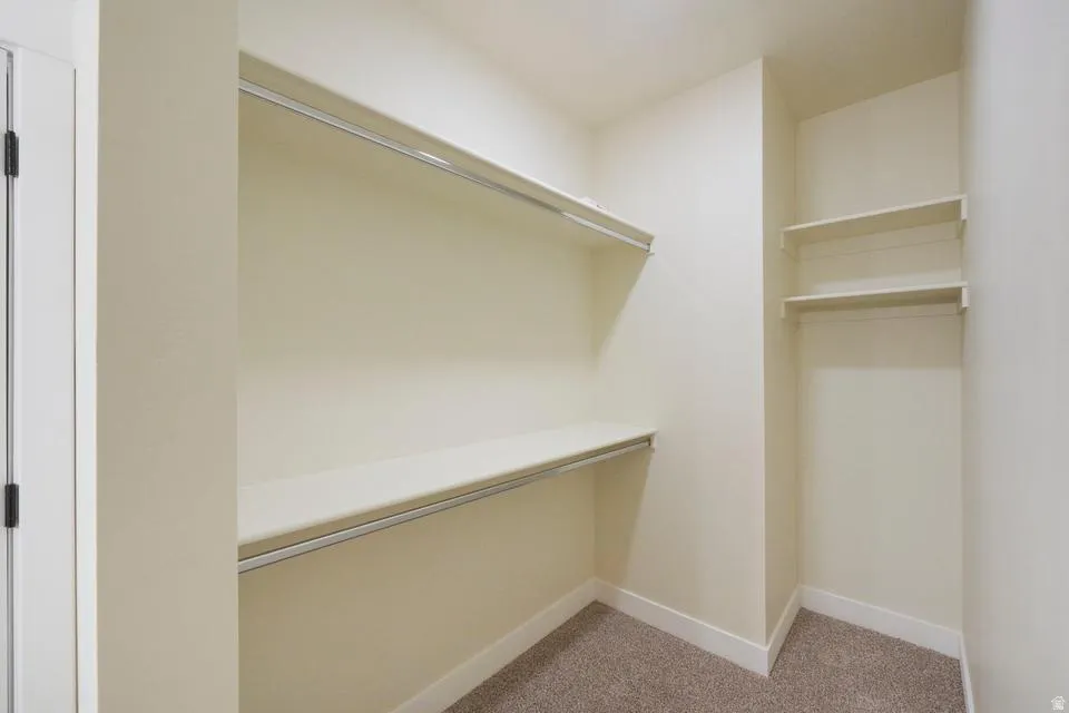 Walk in closet featuring light colored carpet