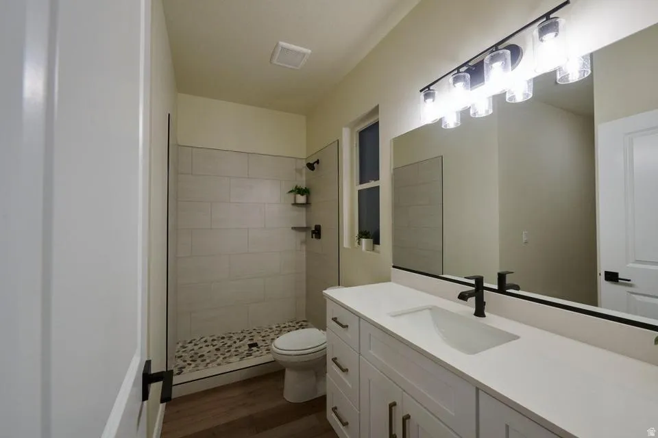 Full bath with a stall shower, vanity, and dark wood-style floors