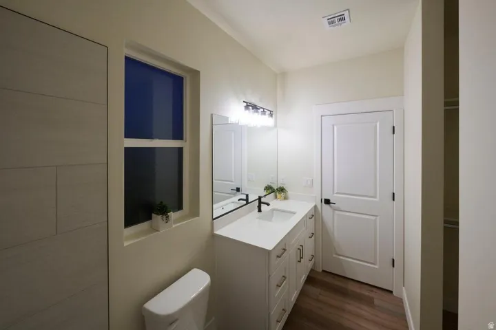 Bathroom with vanity and dark wood-type flooring
