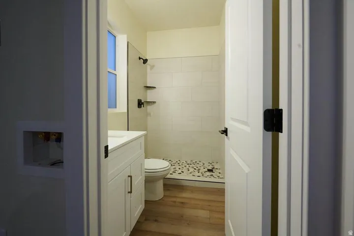 Bathroom with vanity, a shower stall, and light wood-style flooring