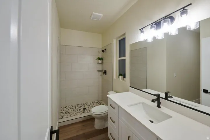 Bathroom with a shower stall, vanity, and dark wood-style flooring