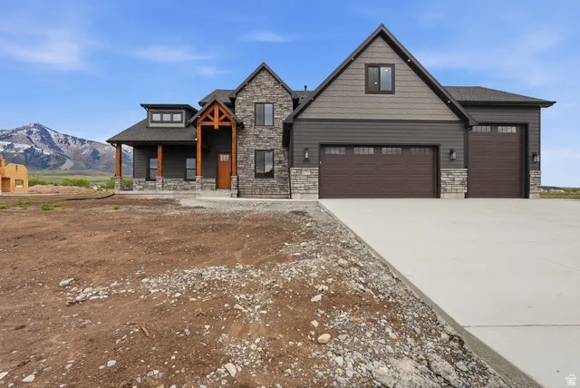 Contemporary craftsman exterior showcasing varied siding materials, stone accents, and natural wood pillars