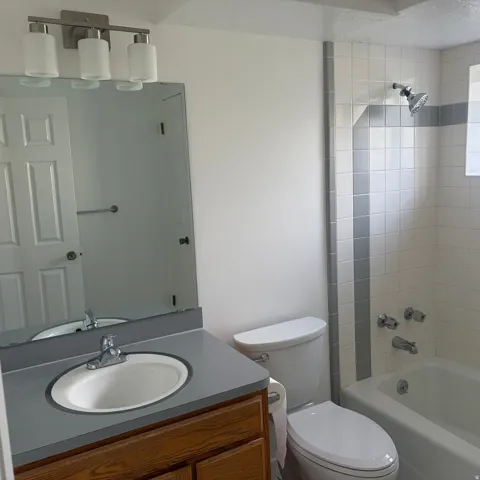 Full bathroom featuring vanity and shower / bathtub combination