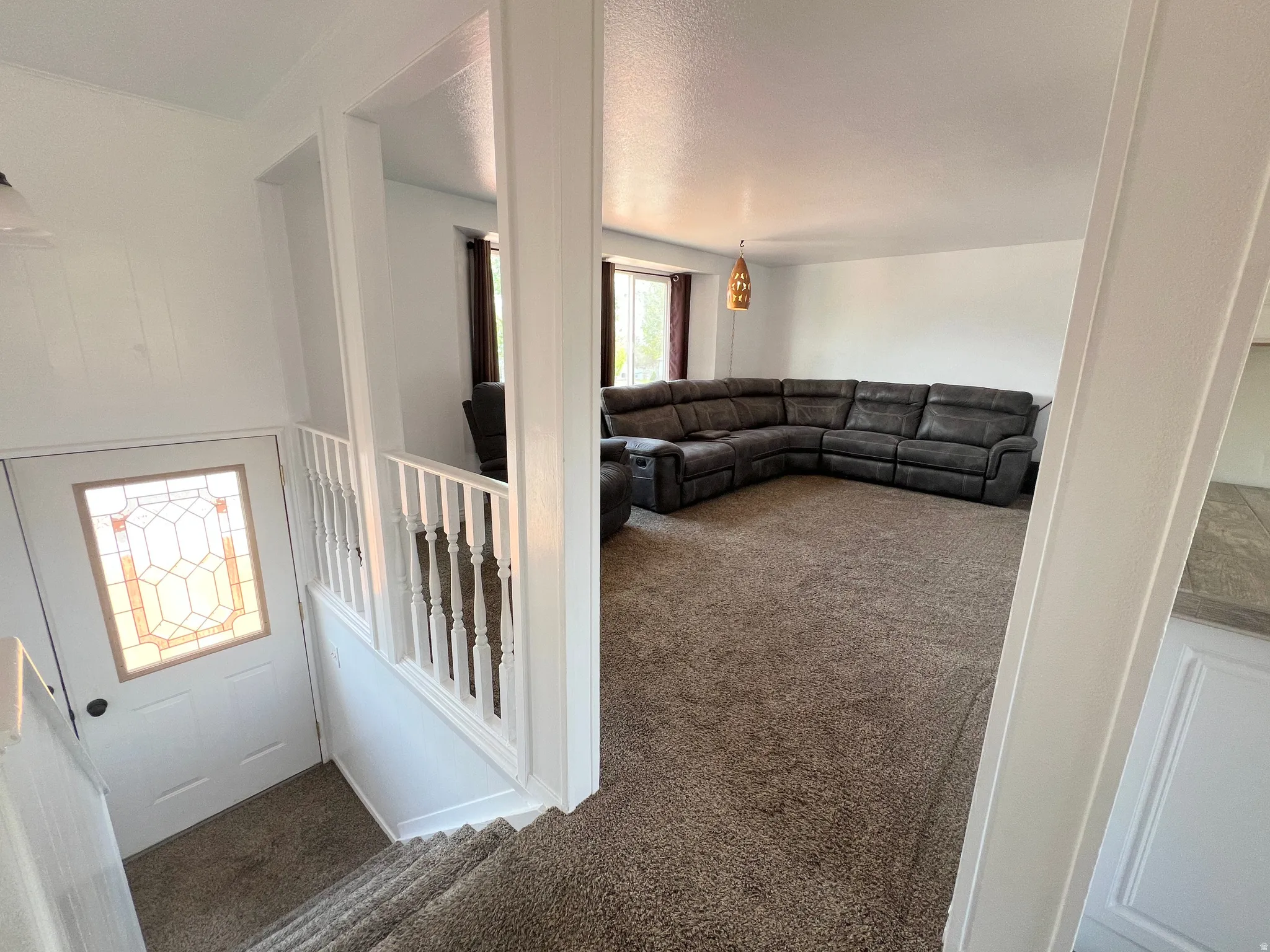 Living area featuring dark carpet