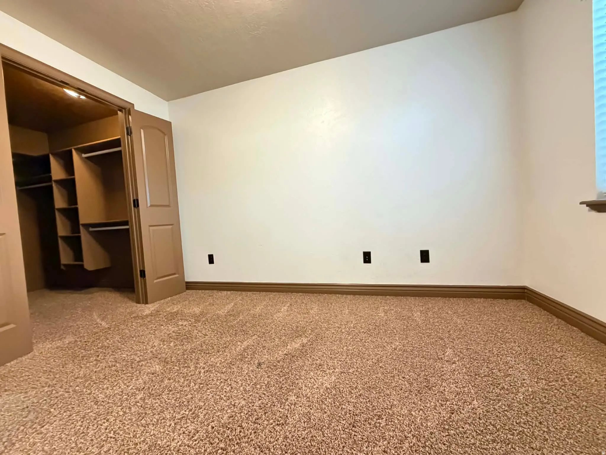 Unfurnished bedroom featuring light carpet and a walk in closet