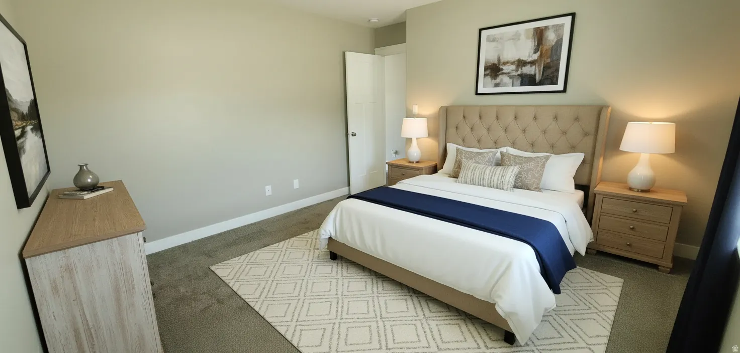Bedroom with light colored carpet and baseboards